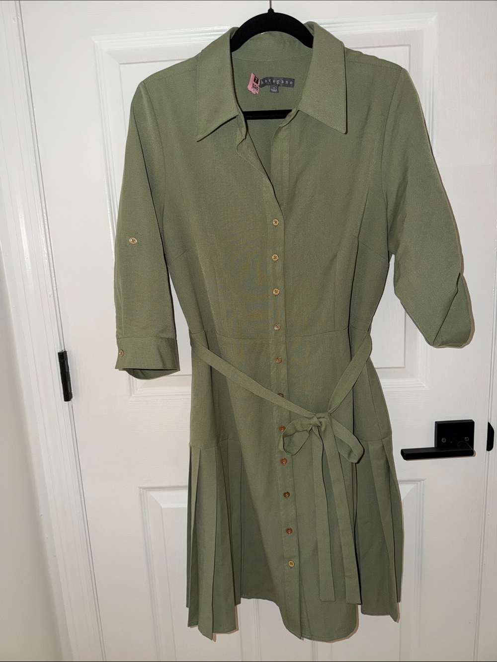 Sharagano Olive Green Button-Front Midi Shirt Dress with Tie Waist
